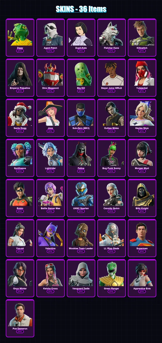 [SWITCH/XBOX/PSN/PC] | Ziggy | Agent Patch | Dupli-Kate | Fletcher Kane | Killswitch | 36 skin | 84 pickaxe | 45 emote | 58 glider | Lv1314