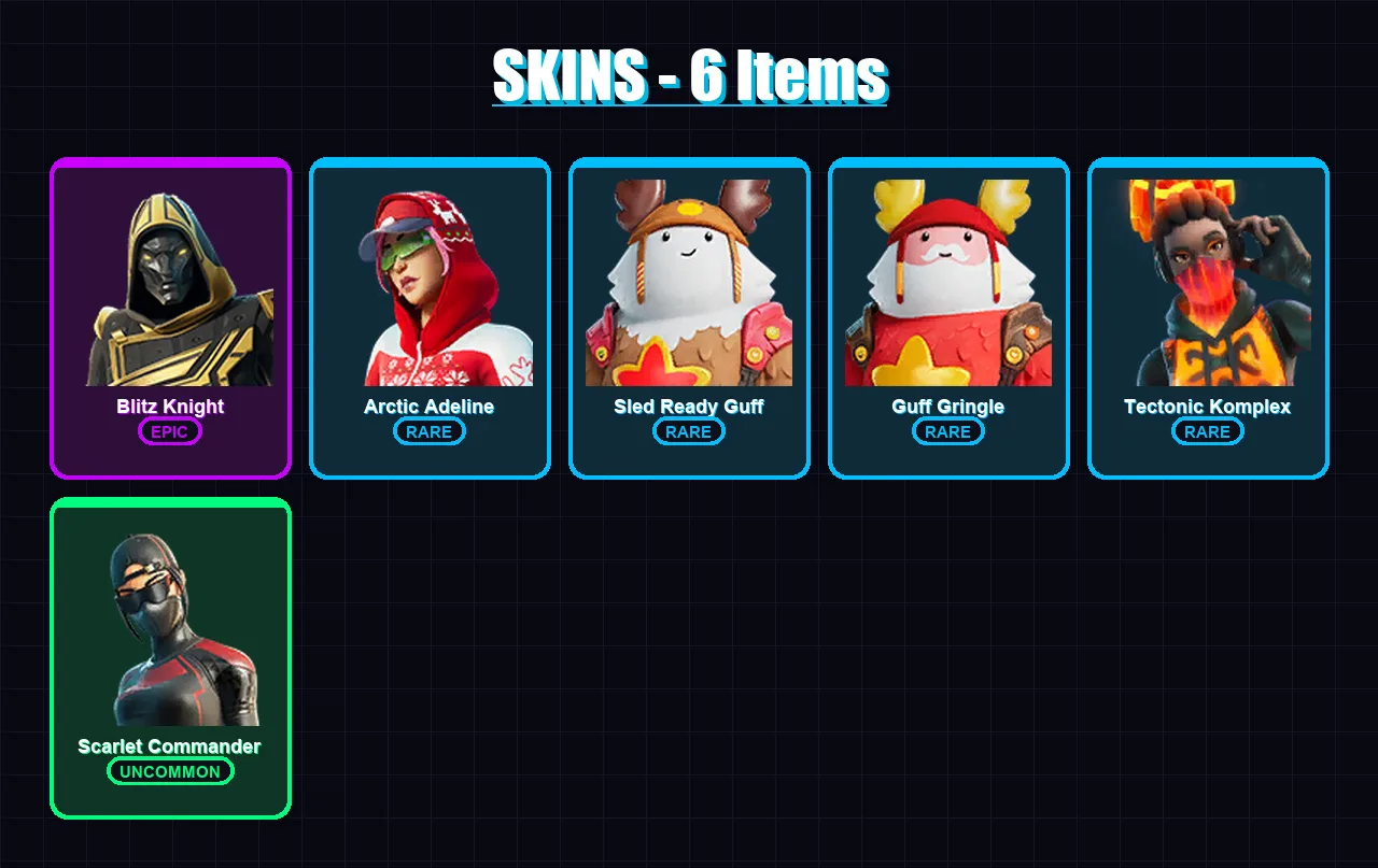 [PC/PSN] | Blitz Knight | Arctic Adeline | Sled Ready Guff | Guff Gringle | Tectonic Komplex | 6 skin | 26 pickaxe | 23 emote | 25 glider | Lv268