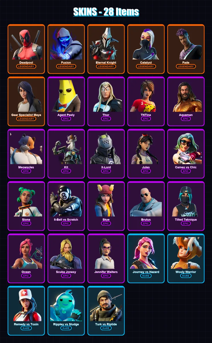 [PC/XBOX/PSN] | Deadpool | Fusion | Eternal Knight | Catalyst | Fade | 28 skin | 34 pickaxe | 34 emote | 39 glider | Lv540