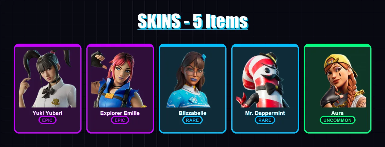 [PC/XBOX/PSN] | Yuki Yubari | Explorer Emilie | Blizzabelle | Mr. Dappermint | Aura | 5 skin | 20 pickaxe | 15 emote | 19 glider | Lv260 — Game account