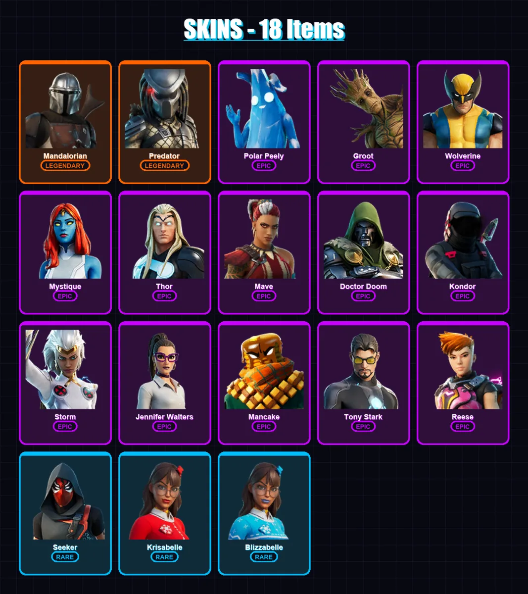 [PC/XBOX/PSN] | Mandalorian | Predator | Polar Peely | Groot | Wolverine | 18 skin | 23 pickaxe | 13 emote | 19 glider | Lv303