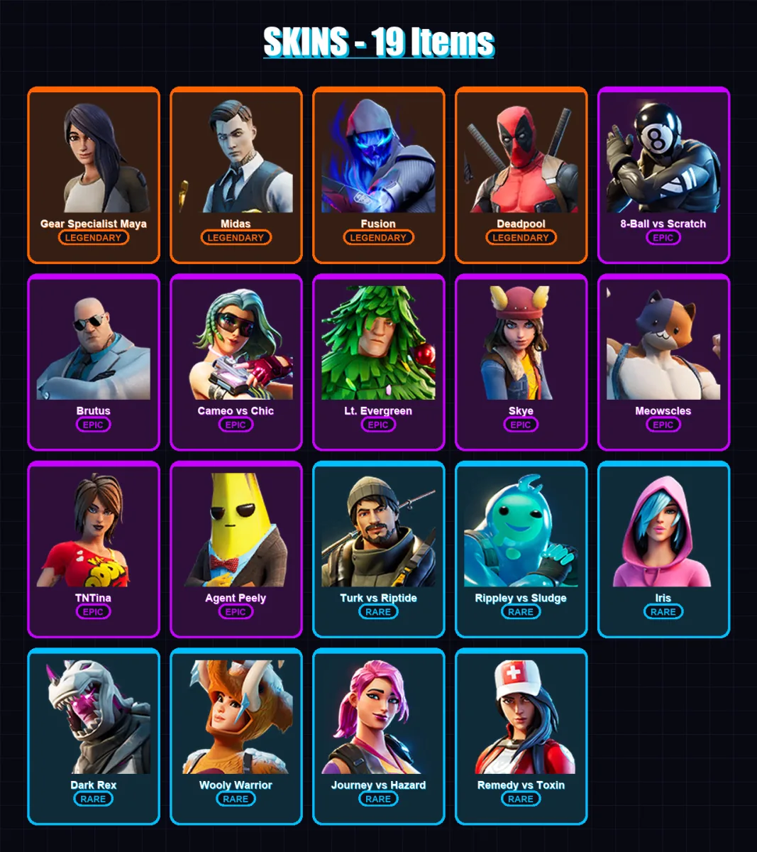 [PC/PSN] | Gear Specialist Maya | Midas | Fusion | Deadpool | 8-Ball vs Scratch | 19 skin | 27 pickaxe | 29 emote | 26 glider | Lv620