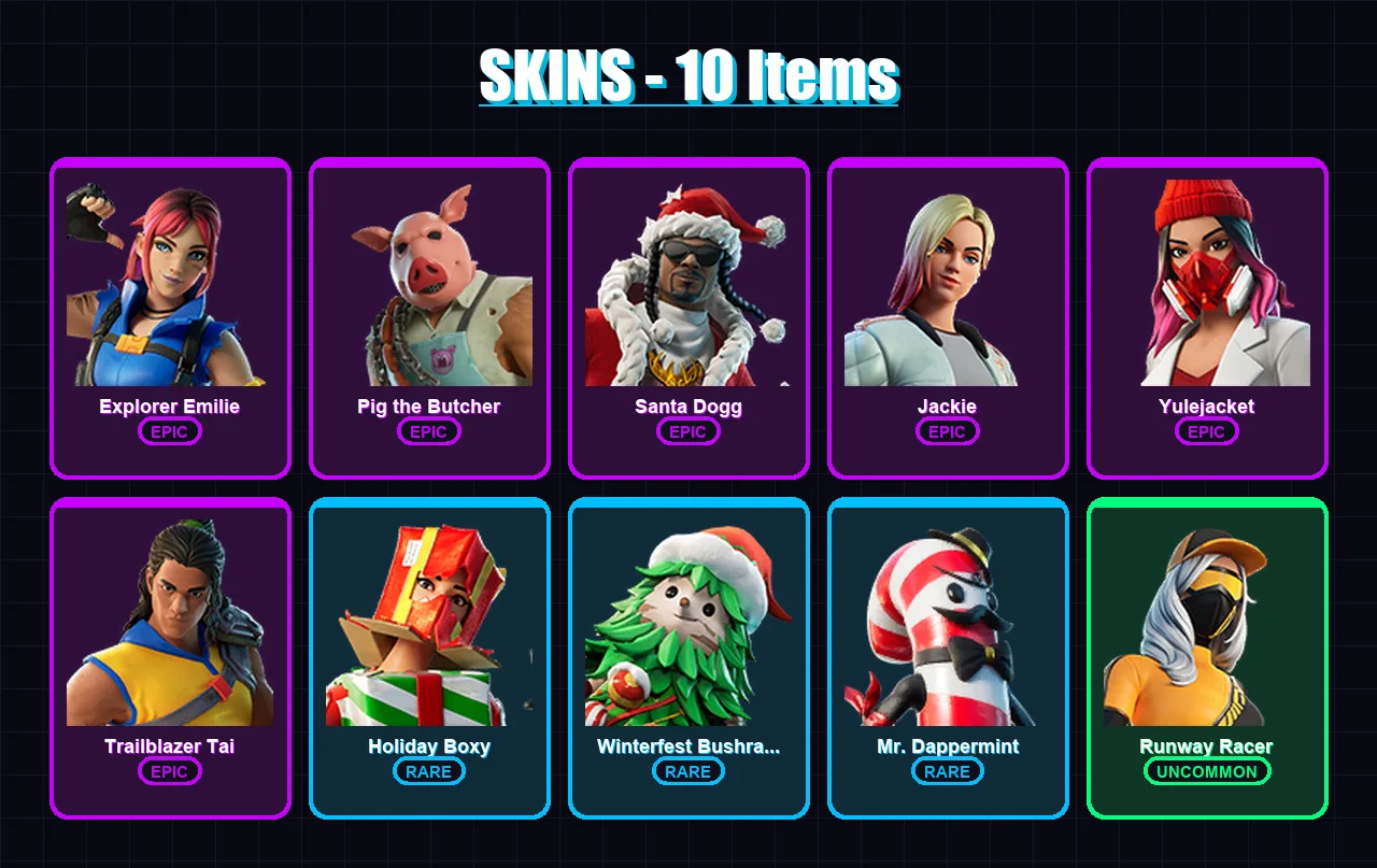 [PC/XBOX/PSN] | Explorer Emilie | Pig the Butcher | Santa Dogg | Jackie | Yulejacket | 10 skin | 19 pickaxe | 10 emote | 15 glider | Lv210