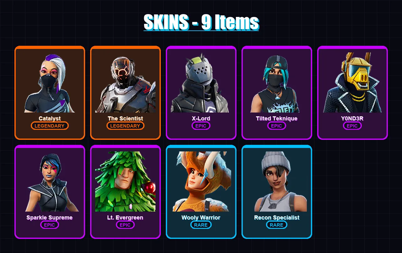 [PC/XBOX/PSN] | Catalyst | The Scientist | X-Lord | Tilted Teknique | Y0ND3R | 9 skin | 11 pickaxe | 18 emote | 18 glider | Lv192