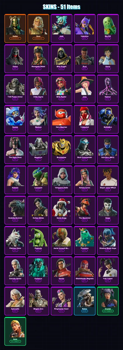 [PS4/PS5/XBOX/PC] | Hades | Zeus | Jade | Valentina | Big Dill | 51 skin | 101 pickaxe | 63 emote | 66 glider | Lv1388