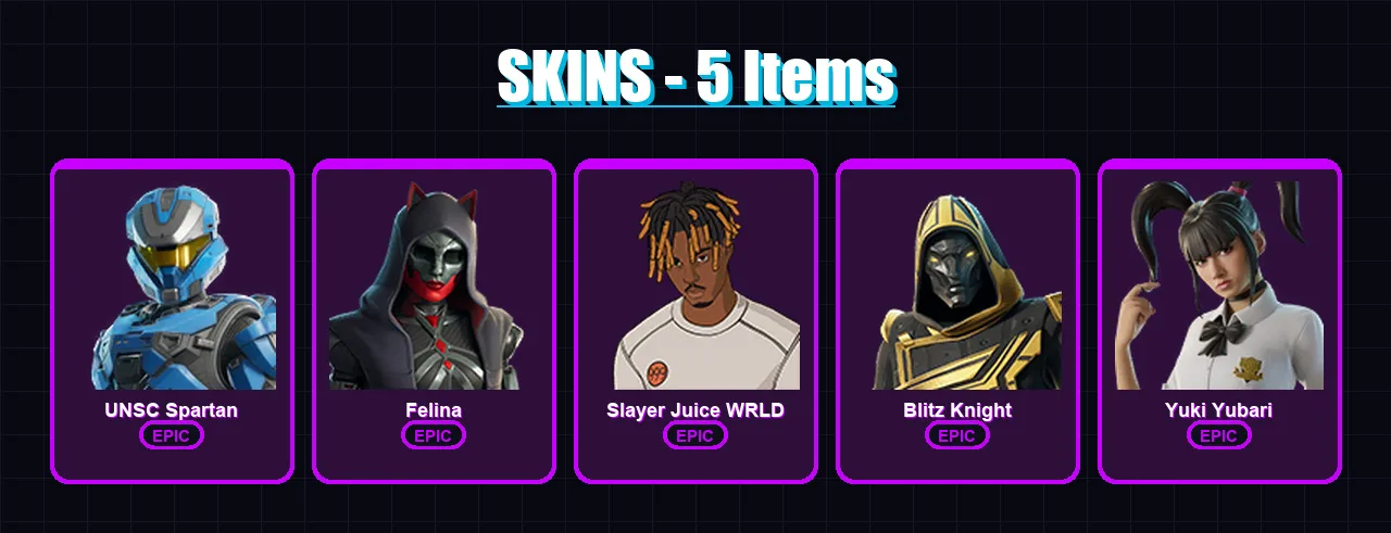 [PC/XBOX/PSN] | UNSC Spartan | Felina | Slayer Juice WRLD | Blitz Knight | Yuki Yubari | 5 skin | 45 pickaxe | 14 emote | 23 glider | Lv467