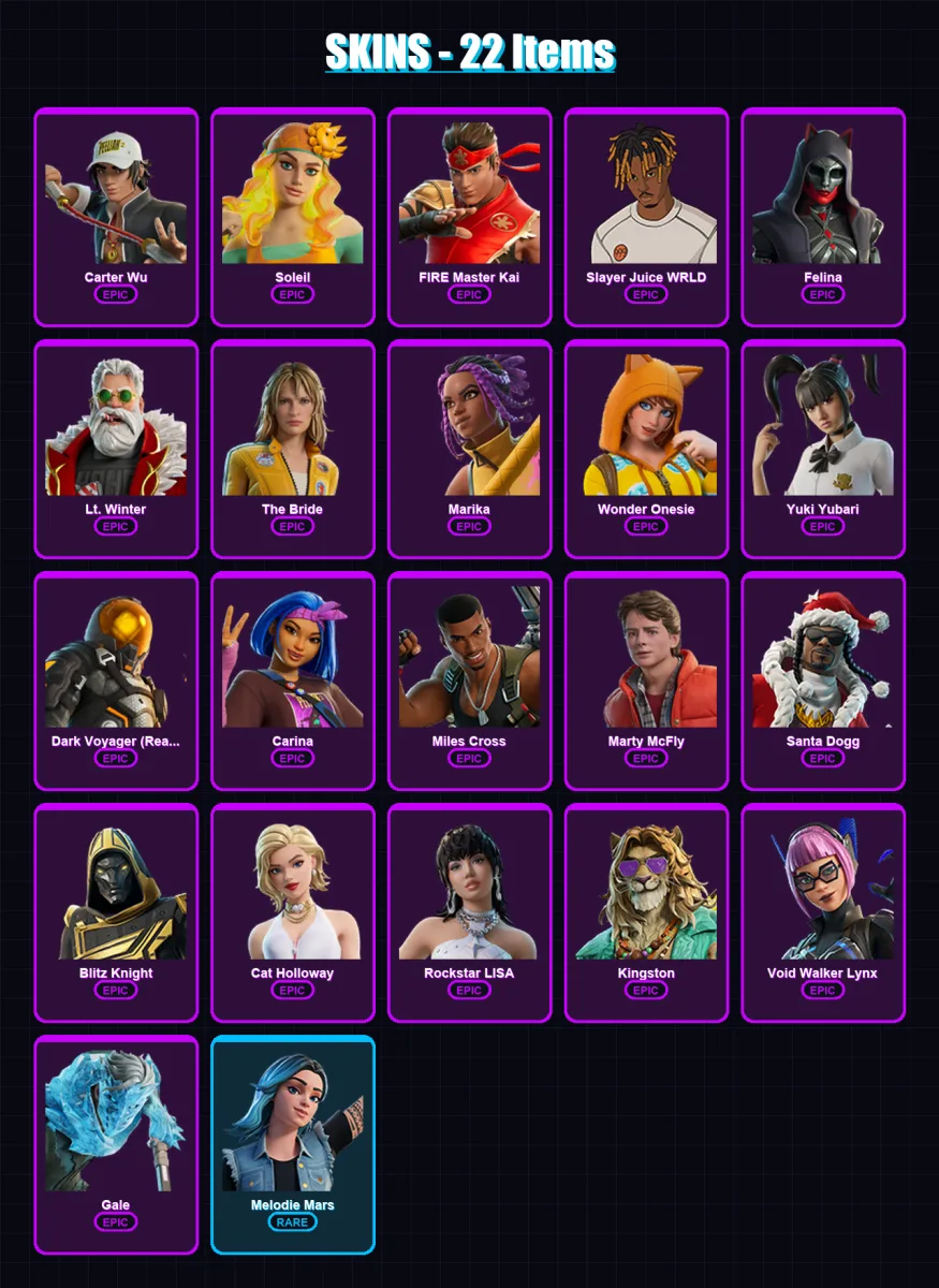 [PC/PSN] | Carter Wu | Soleil | FIRE Master Kai | Slayer Juice WRLD | Felina | 22 skin | 52 pickaxe | 29 emote | 36 glider | Lv419