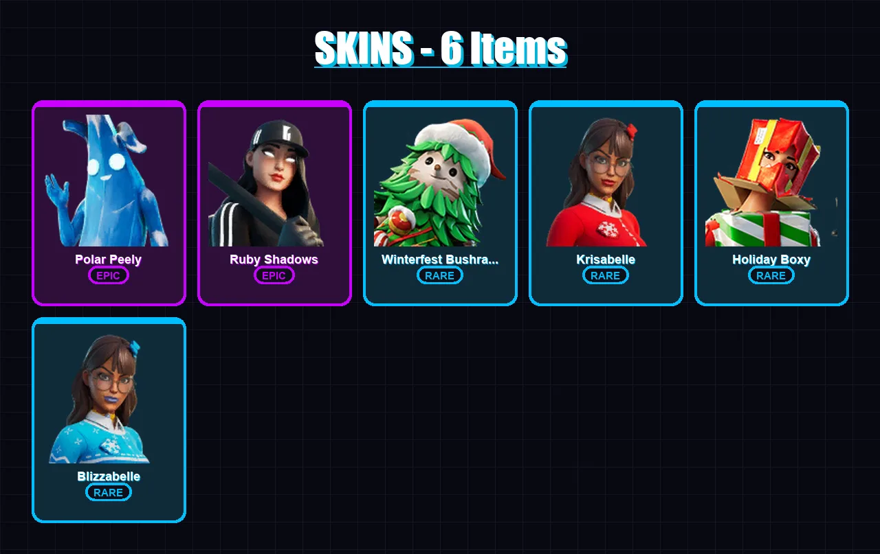 [PC/XBOX/PSN] | Polar Peely | Ruby Shadows | Winterfest Bushranger | Krisabelle | Holiday Boxy | 6 skin | 10 pickaxe | 11 emote | 12 glider | Lv152