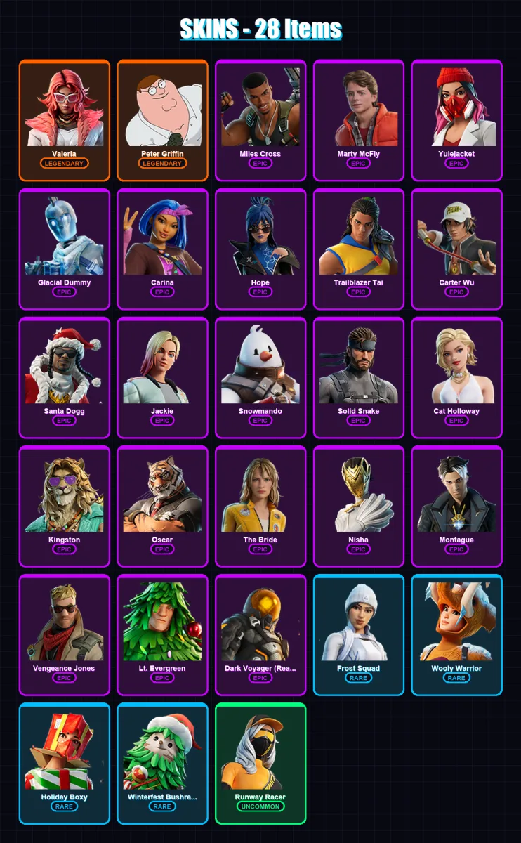 [SWITCH/XBOX/PSN/PC] | Valeria | Peter Griffin | Miles Cross | Marty McFly | Yulejacket | 28 skin | 55 pickaxe | 42 emote | 49 glider | Lv934