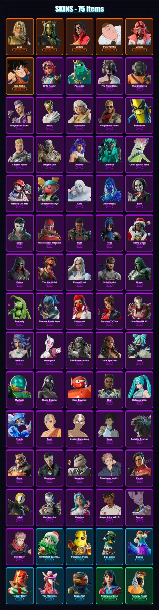 [PC/XBOX/PSN] | Zeus | Hades | Joltara | Peter Griffin | Valeria | 75 skin | 109 pickaxe | 91 emote | 72 glider | Lv1193