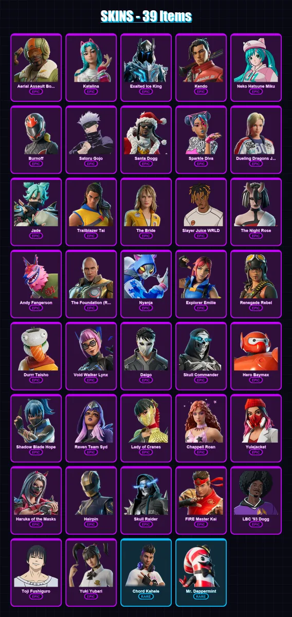 [PC] | Aerial Assault Bomber | Katalina | Exalted Ice King | Kendo | Neko Hatsune Miku | 39 skin | 44 pickaxe | 19 emote | 23 glider | Lv306
