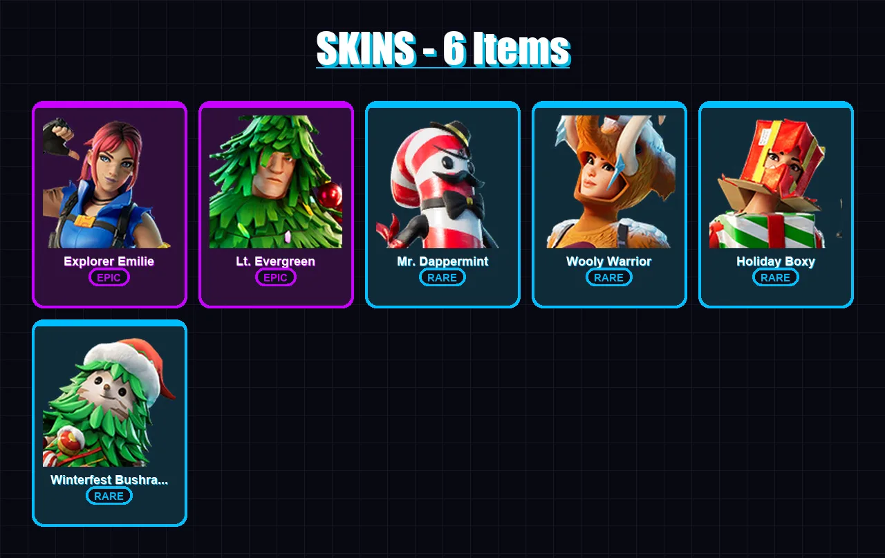 [PC/XBOX/PSN] | Explorer Emilie | Lt. Evergreen | Mr. Dappermint | Wooly Warrior | Holiday Boxy | 6 skin | 9 pickaxe | 11 emote | 16 glider | Lv218