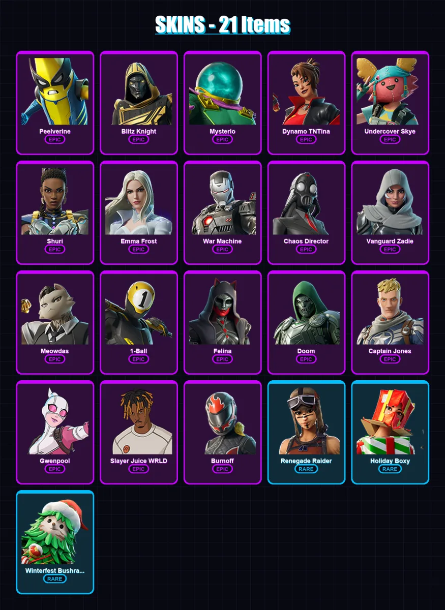 [PC/XBOX/PSN] | Peelverine | Blitz Knight | Mysterio | Dynamo TNTina | Undercover Skye | 21 skin | 64 pickaxe | 33 emote | 51 glider | Lv698 — Fortnite account