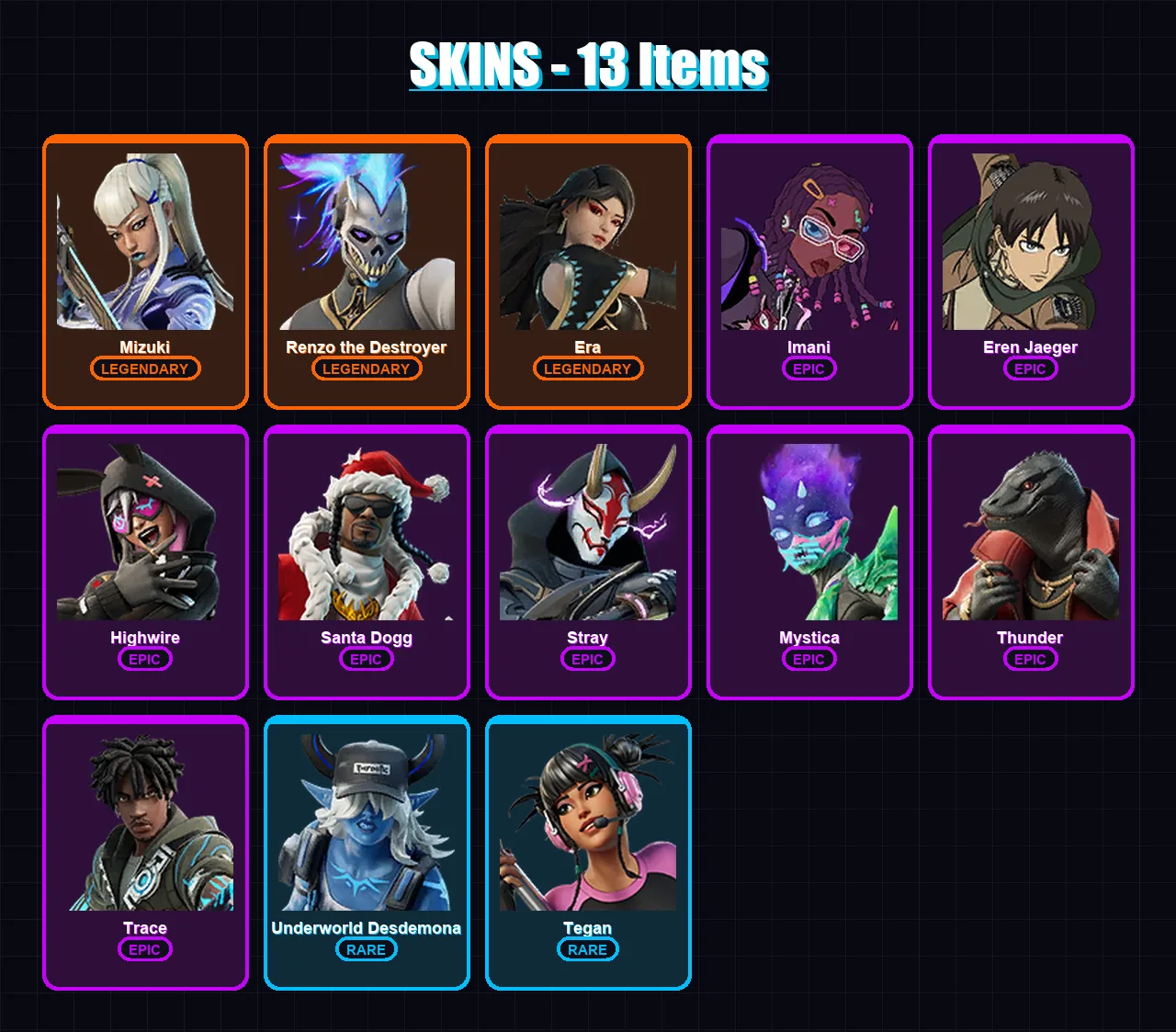 [PC/XBOX/PSN] | Mizuki | Renzo the Destroyer | Era | Imani | Eren Jaeger | 13 skin | 29 pickaxe | 15 emote | 23 glider | Lv312