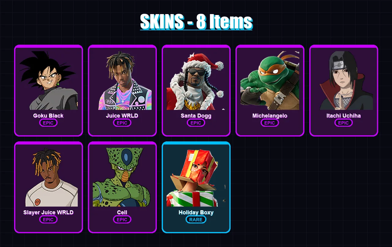 [PC] | Goku Black | Juice WRLD | Santa Dogg | Michelangelo | Itachi Uchiha | 8 skin | 36 pickaxe | 23 emote | 25 glider | Lv277
