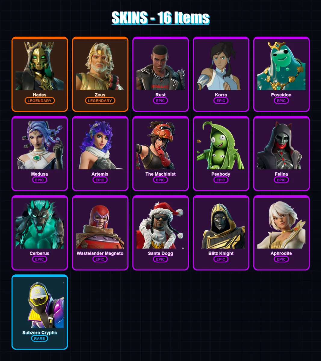 [PS4/PS5/XBOX/PC] | Hades | Zeus | Rust | Korra | Poseidon | 16 skin | 44 pickaxe | 24 emote | 29 glider | Lv327