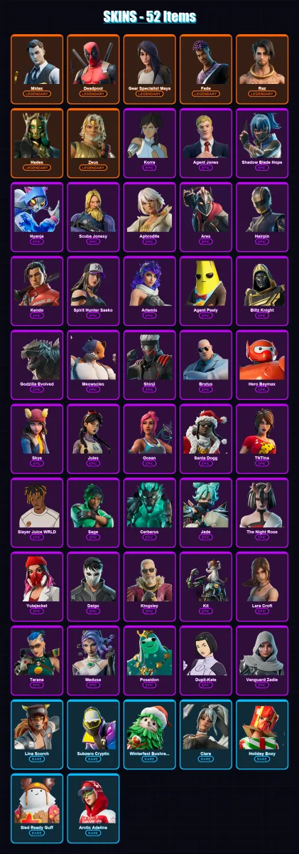 [PC/XBOX/PSN] | Midas | Deadpool | Gear Specialist Maya | Fade | Raz | 52 skin | 109 pickaxe | 85 emote | 90 glider | Lv1358