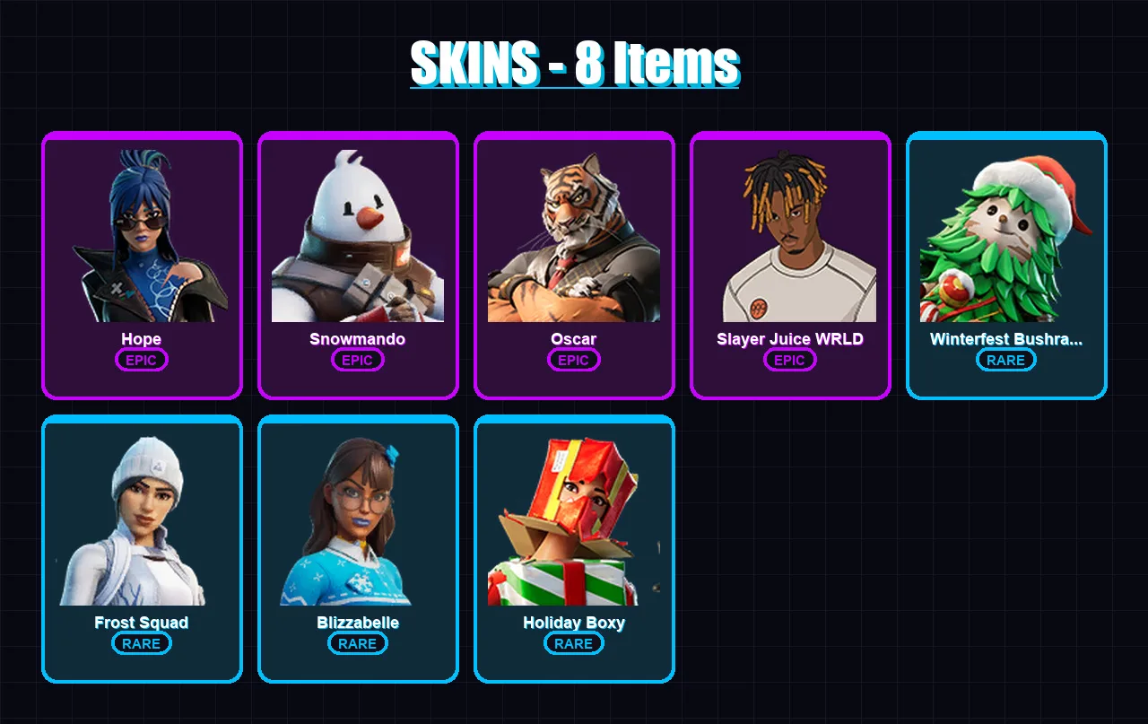 [PC/PSN] | Hope | Snowmando | Oscar | Slayer Juice WRLD | Winterfest Bushranger | 8 skin | 37 pickaxe | 22 emote | 25 glider | Lv419