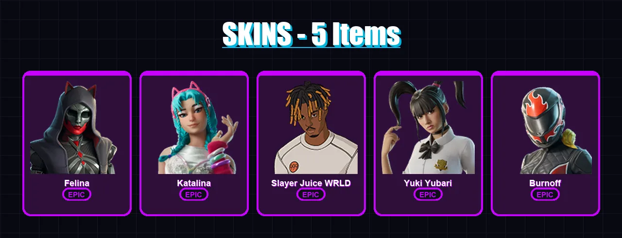 [PC/XBOX/PSN] | Felina | Katalina | Slayer Juice WRLD | Yuki Yubari | Burnoff | 5 skin | 24 pickaxe | 15 emote | 17 glider | Lv300