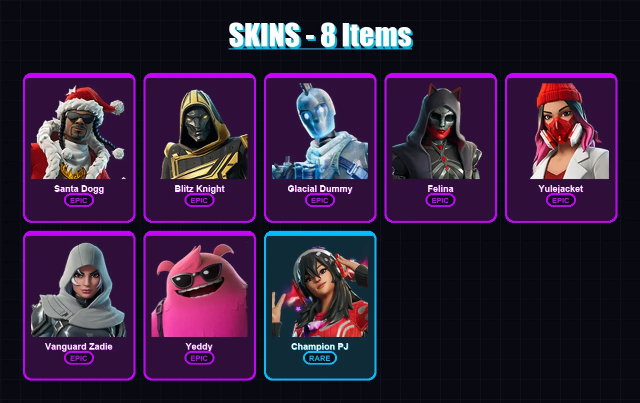[PC/PSN] | Santa Dogg | Blitz Knight | Glacial Dummy | Felina | Yulejacket | 8 skin | 68 pickaxe | 21 emote | 37 glider | Lv692