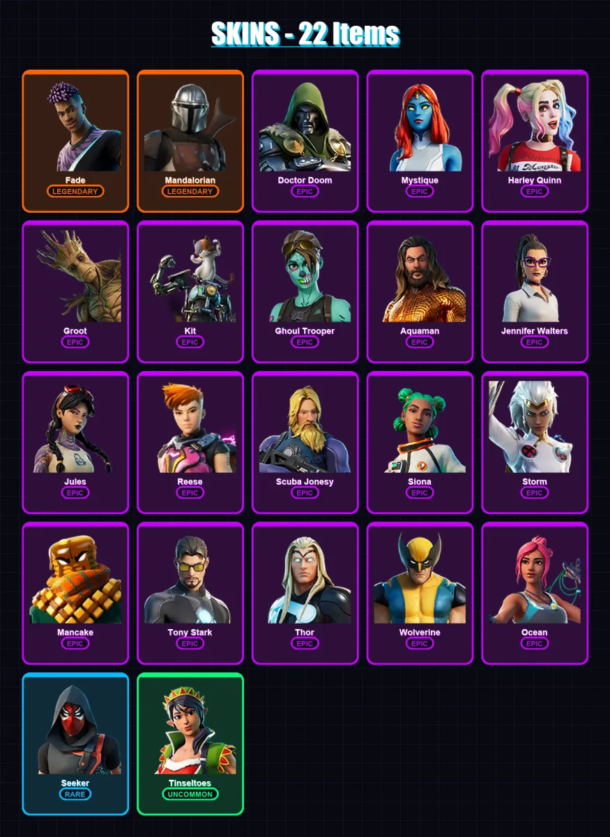 [PC/XBOX/PSN] | Fade | Mandalorian | Doctor Doom | Mystique | Harley Quinn | 22 skin | 26 pickaxe | 14 emote | 24 glider | Lv304