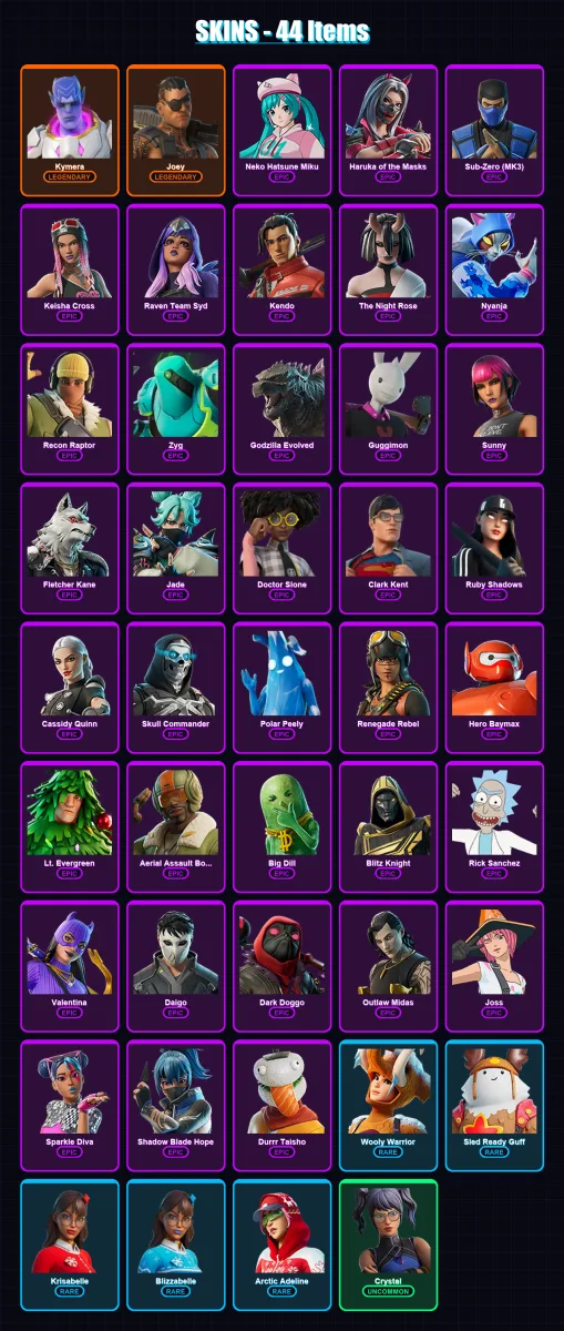 [PC] | Kymera | Joey | Neko Hatsune Miku | Haruka of the Masks | Sub-Zero (MK3) | 44 skin | 78 pickaxe | 62 emote | 68 glider | Lv867