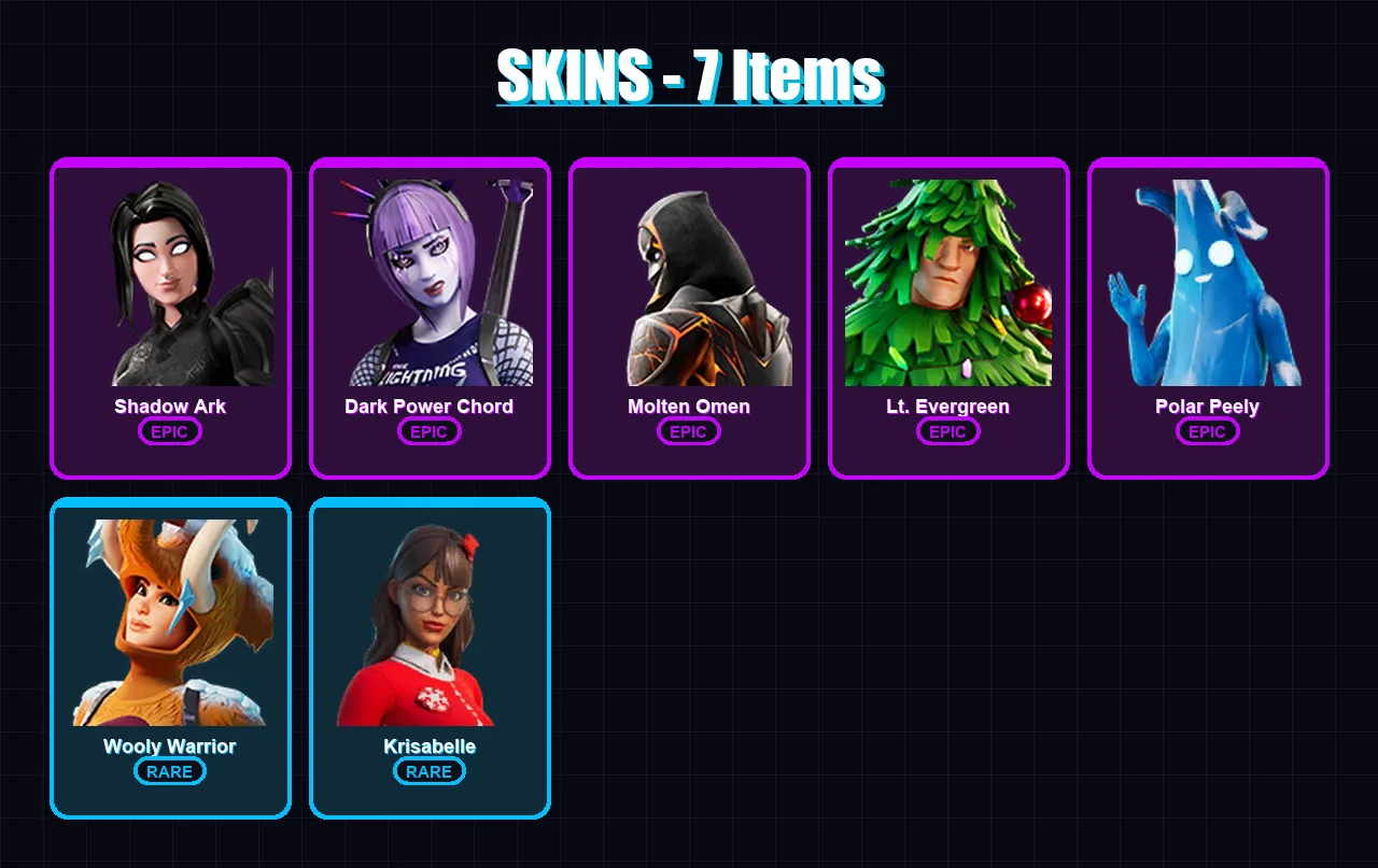 [SWITCH/XBOX/PSN/PC] | Shadow Ark | Dark Power Chord | Molten Omen | Lt. Evergreen | Polar Peely | 7 skin | 9 pickaxe | 11 emote | 8 glider | Lv64