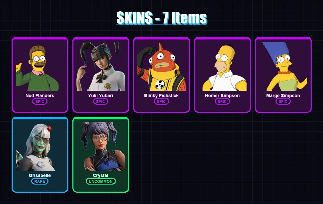 [PC/XBOX/PSN] | Ned Flanders | Yuki Yubari | Blinky Fishstick | Homer Simpson | Marge Simpson | 7 skin | 16 pickaxe | 10 emote | 14 glider | Lv124