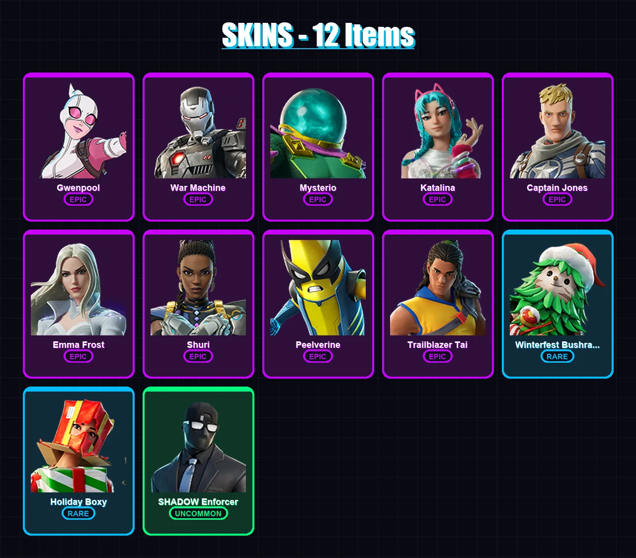 [PC/PSN] | Gwenpool | War Machine | Mysterio | Katalina | Captain Jones | 12 skin | 52 pickaxe | 28 emote | 44 glider | Lv931