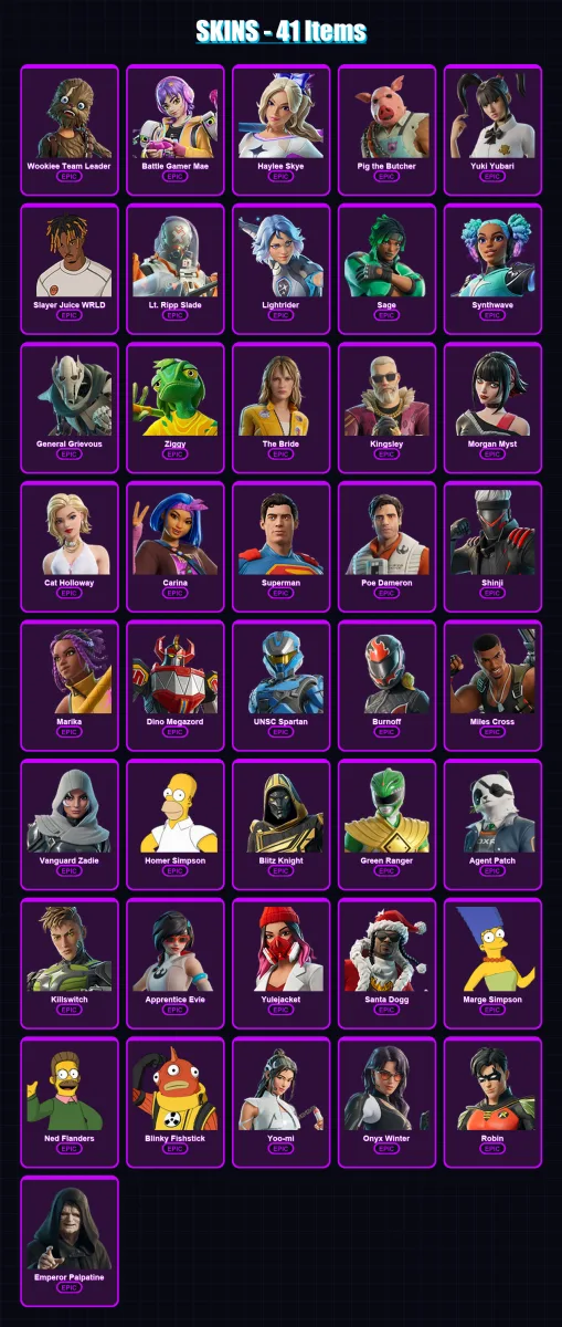 [PC/XBOX] | Wookiee Team Leader | Battle Gamer Mae | Haylee Skye | Pig the Butcher | Yuki Yubari | 41 skin | 87 pickaxe | 51 emote | 49 glider | Lv5