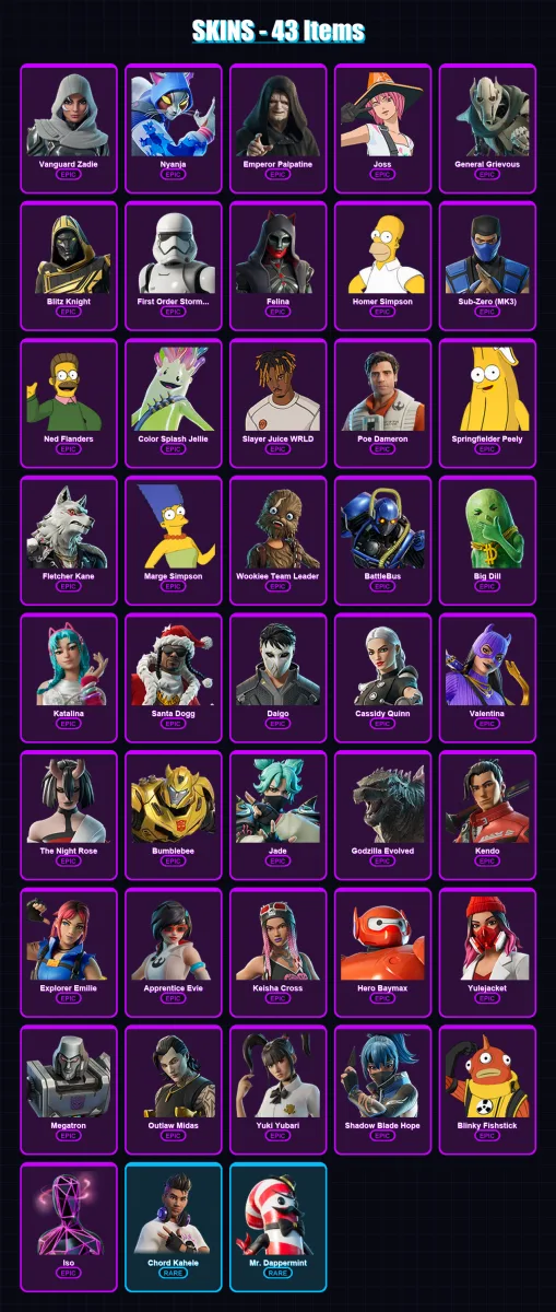 [PC/XBOX] | Vanguard Zadie | Nyanja | Emperor Palpatine | Joss | General Grievous | 43 skin | 79 pickaxe | 41 emote | 55 glider | Lv737