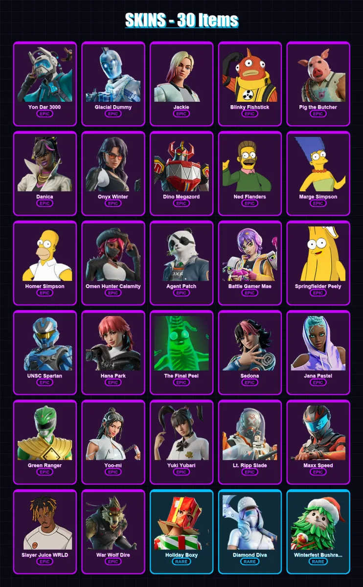[PC/XBOX/PSN] | Yon Dar 3000 | Glacial Dummy | Jackie | Blinky Fishstick | Pig the Butcher | 30 skin | 43 pickaxe | 31 emote | 28 glider | Lv369