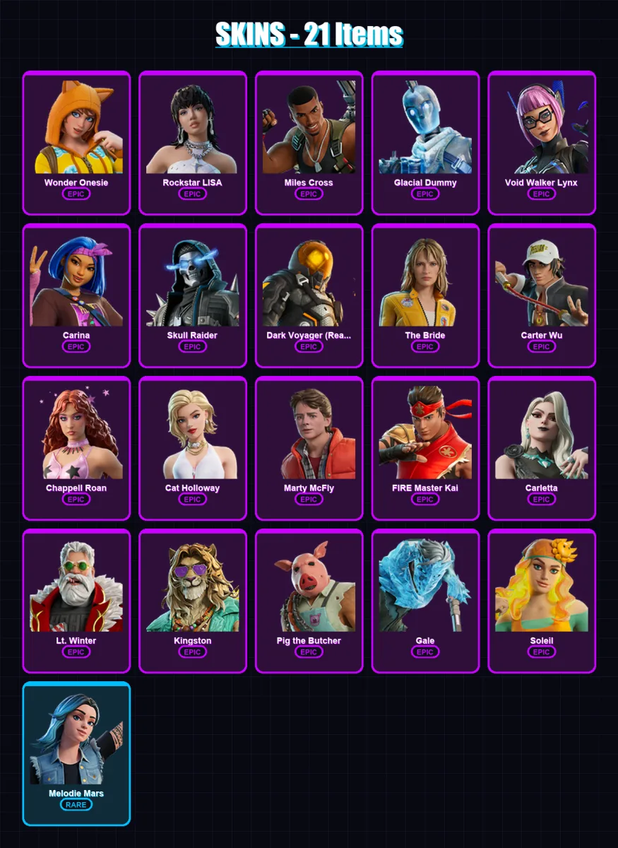 [PC/PSN] | Wonder Onesie | Rockstar LISA | Miles Cross | Glacial Dummy | Void Walker Lynx | 21 skin | 30 pickaxe | 22 emote | 16 glider | Lv174