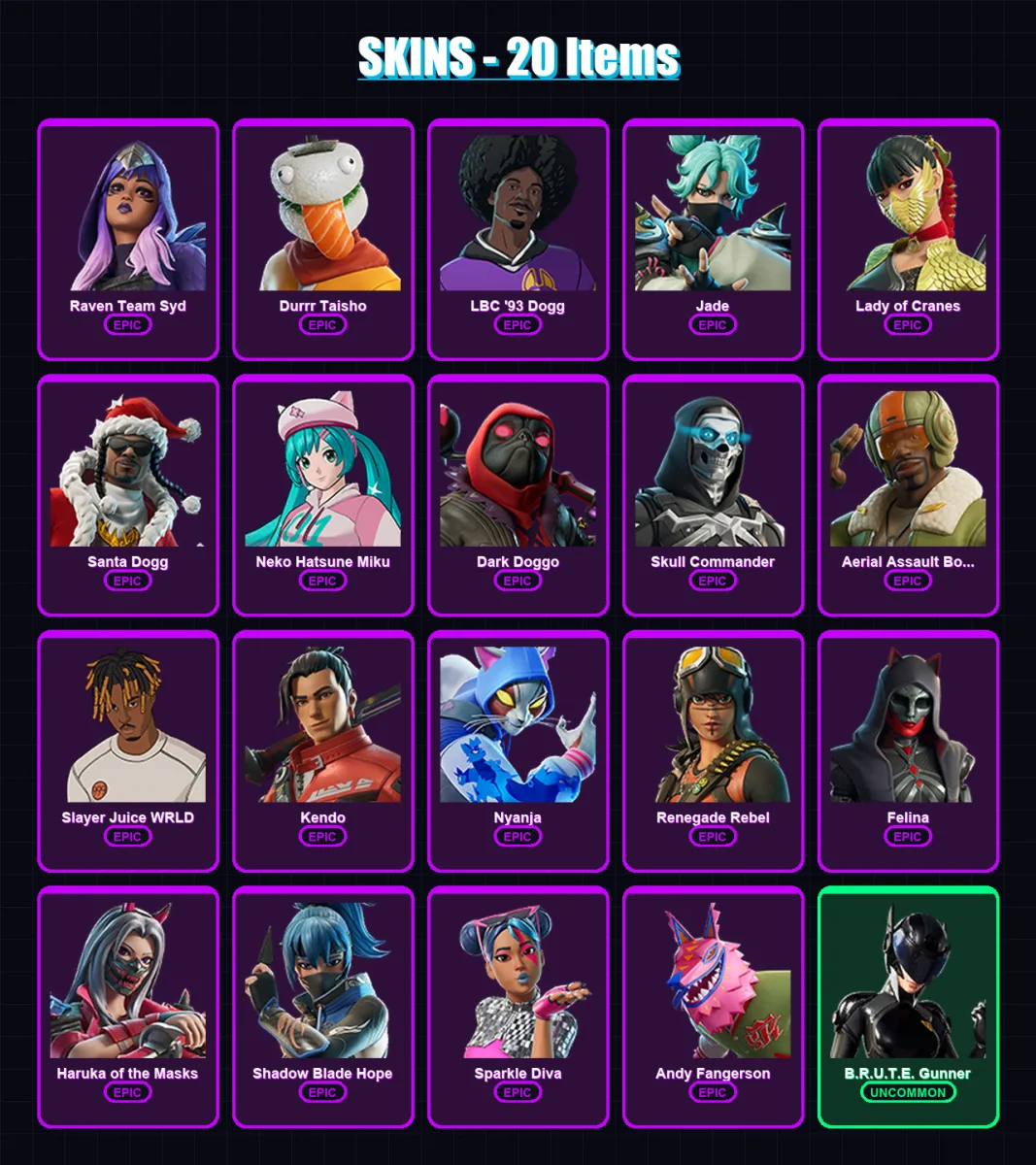 [PC/XBOX/PSN] | Raven Team Syd | Durrr Taisho | LBC '93 Dogg | Jade | Lady of Cranes | 20 skin | 42 pickaxe | 21 emote | 26 glider | Lv303
