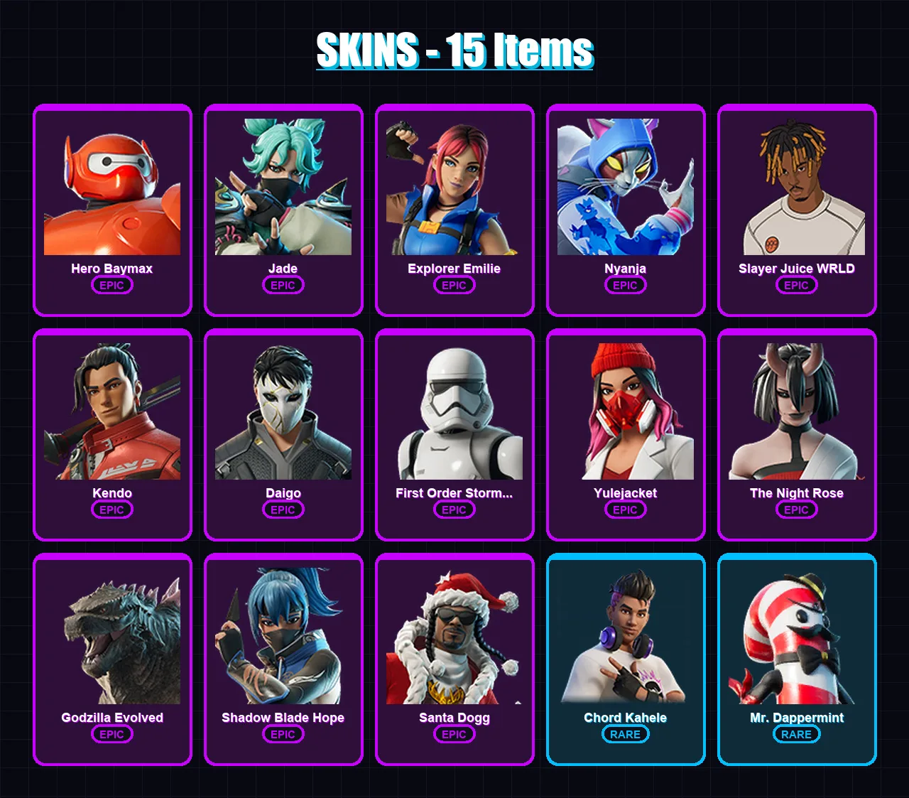 [PC/XBOX/PSN] | Hero Baymax | Jade | Explorer Emilie | Nyanja | Slayer Juice WRLD | 15 skin | 31 pickaxe | 17 emote | 23 glider | Lv270
