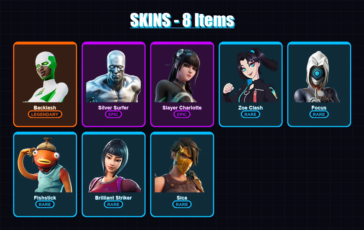 [PS4/PS5/XBOX/PC] | Backlash | Silver Surfer | Slayer Charlotte | Zoe Clash | Focus | 8 skin | 9 pickaxe | 7 emote | 10 glider | Lv88