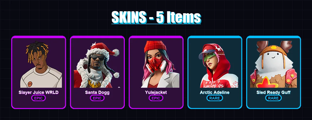 [PC/PSN] | Slayer Juice WRLD | Santa Dogg | Yulejacket | Arctic Adeline | Sled Ready Guff | 5 skin | 18 pickaxe | 8 emote | 11 glider | Lv111