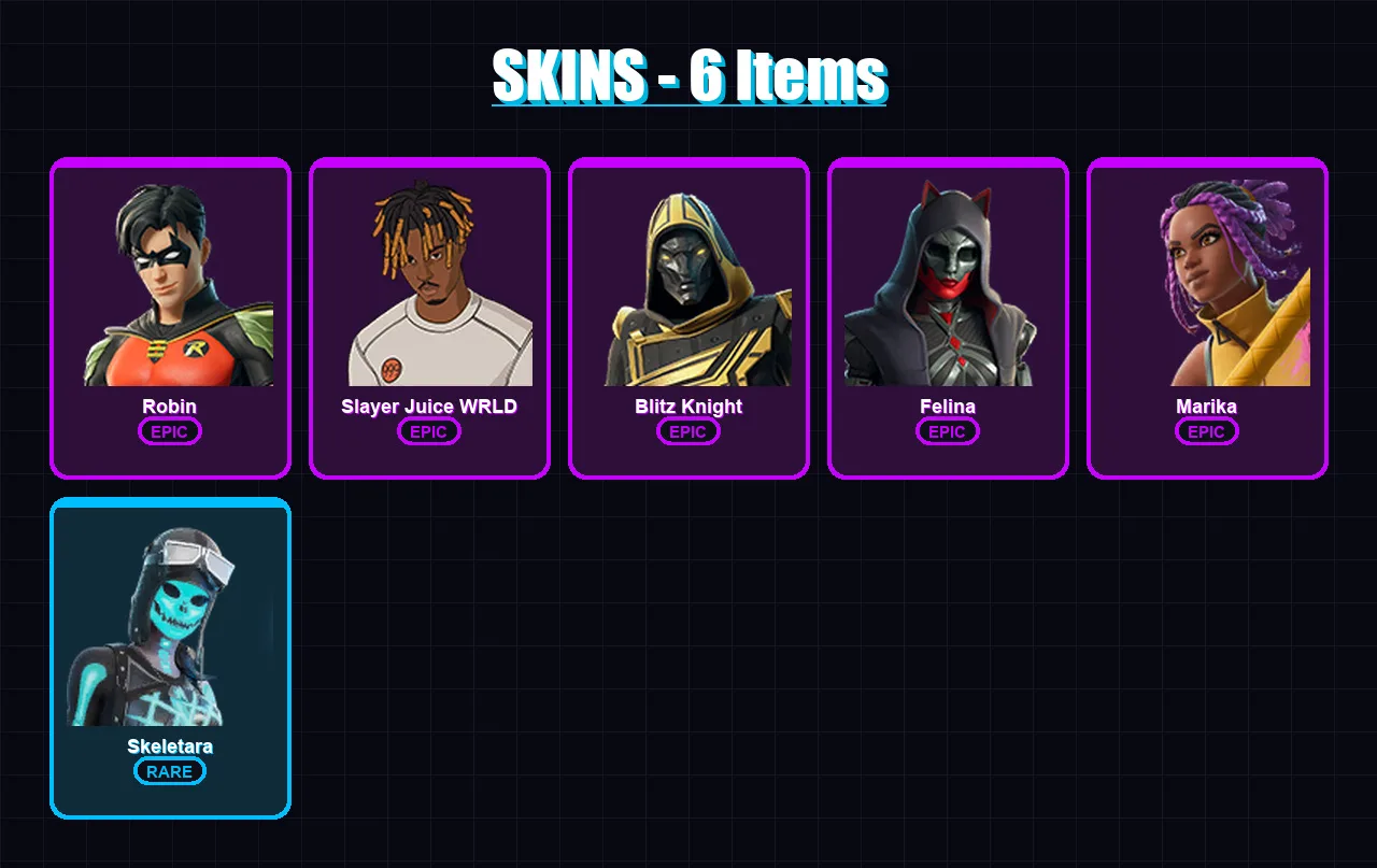 [PC/XBOX/PSN] | Robin | Slayer Juice WRLD | Blitz Knight | Felina | Marika | 6 skin | 38 pickaxe | 17 emote | 26 glider | Lv418