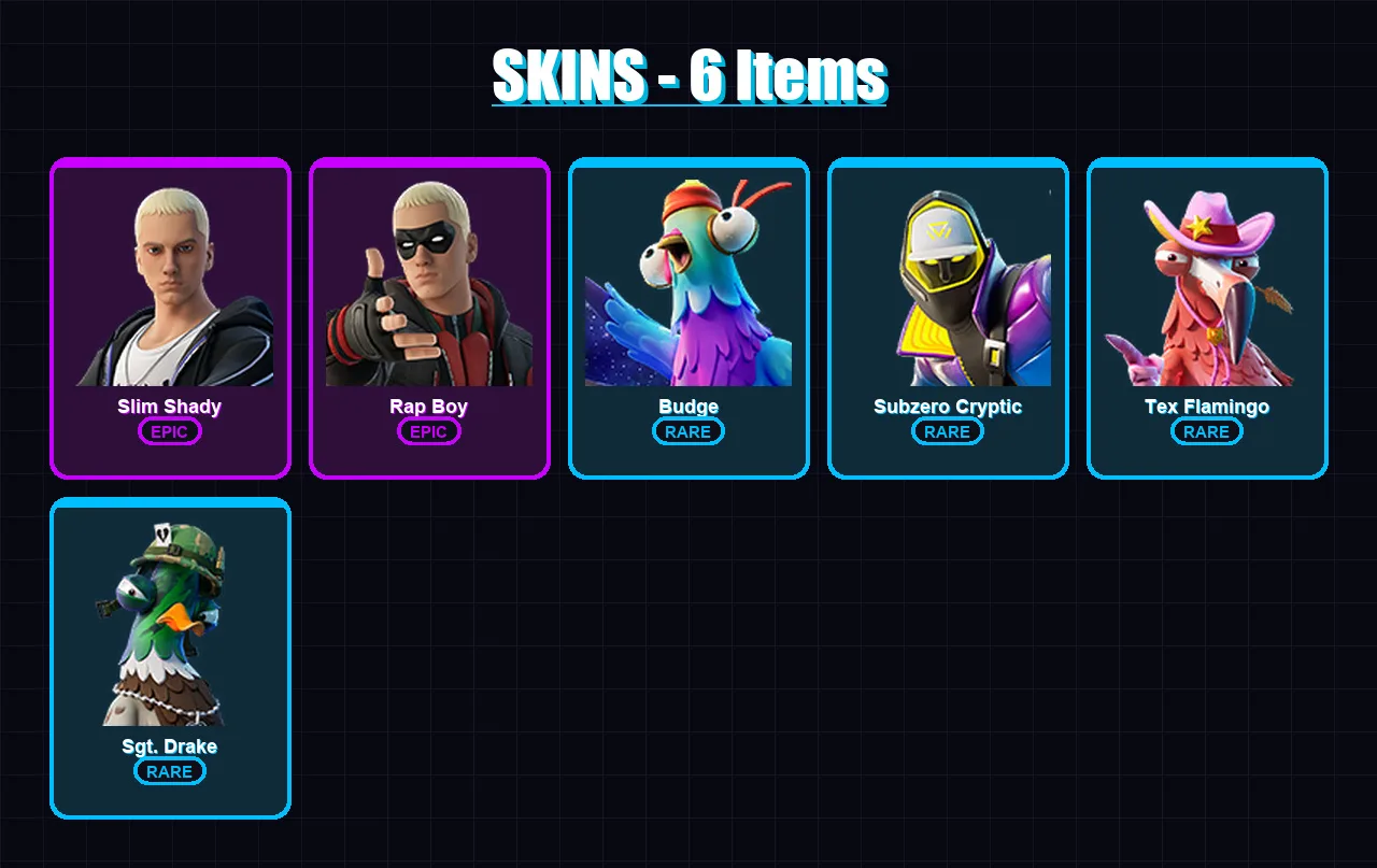 [PC/XBOX] | Slim Shady | Rap Boy | Budge | Subzero Cryptic | Tex Flamingo | 6 skin | 7 pickaxe | 10 emote | 8 glider | Lv82