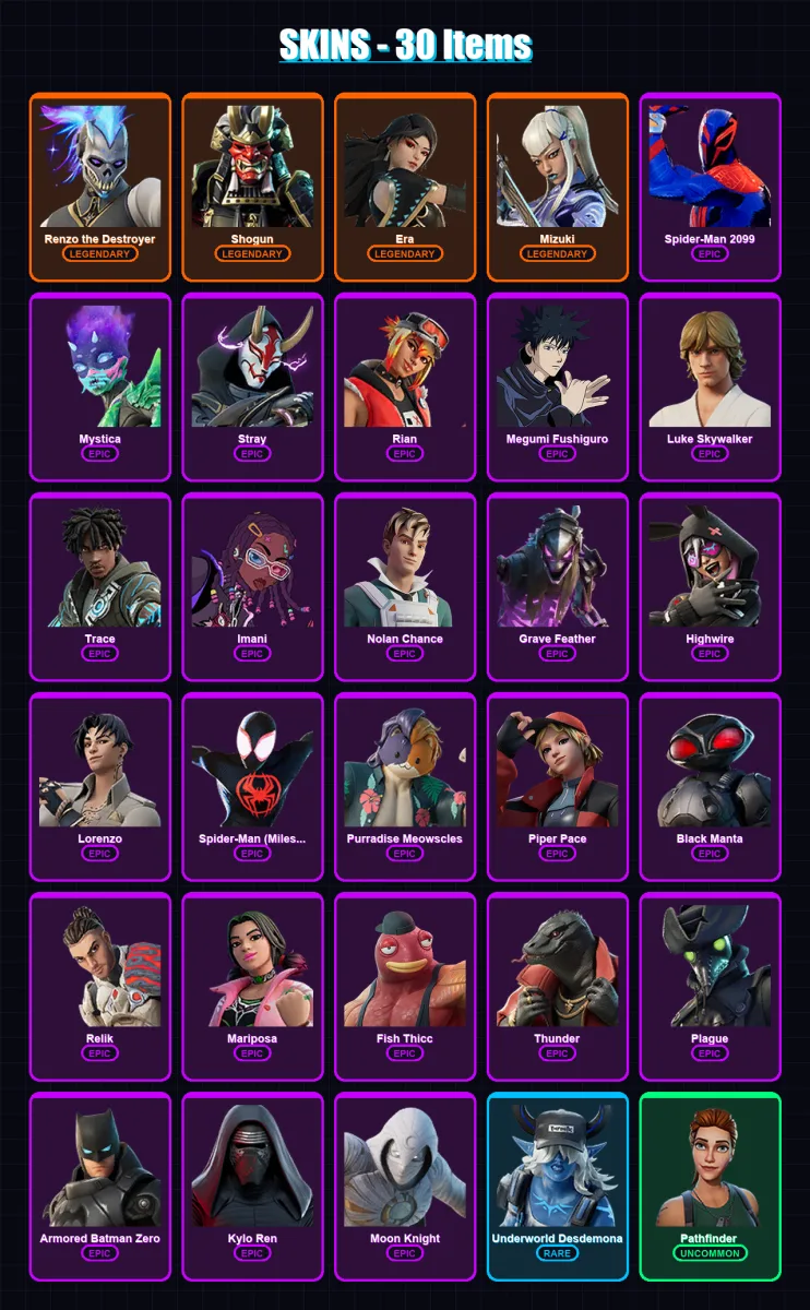 [PC/PSN] | Renzo the Destroyer | Shogun | Era | Mizuki | Spider-Man 2099 | 30 skin | 28 pickaxe | 33 emote | 27 glider | Lv263 — Fortnite account