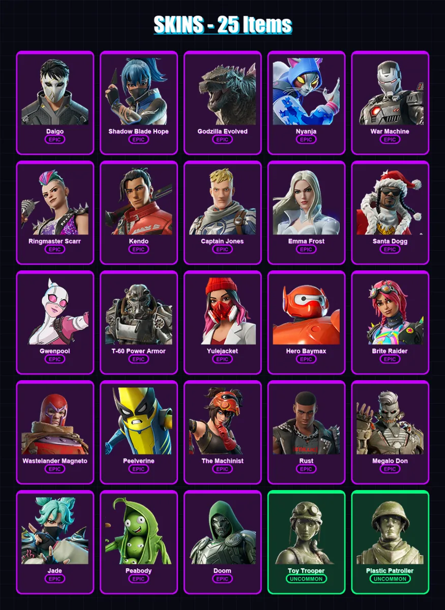 [PC] | Daigo | Shadow Blade Hope | Godzilla Evolved | Nyanja | War Machine | 25 skin | 54 pickaxe | 31 emote | 40 glider | Lv398