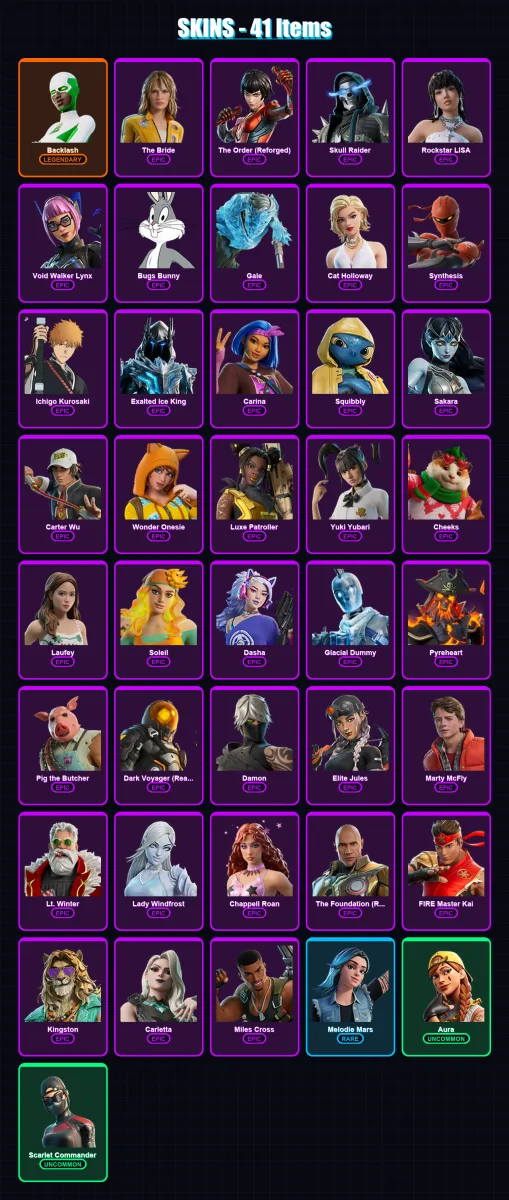 [PC/PSN] | Backlash | The Bride | The Order (Reforged) | Skull Raider | Rockstar LISA | 41 skin | 66 pickaxe | 37 emote | 35 glider | Lv504