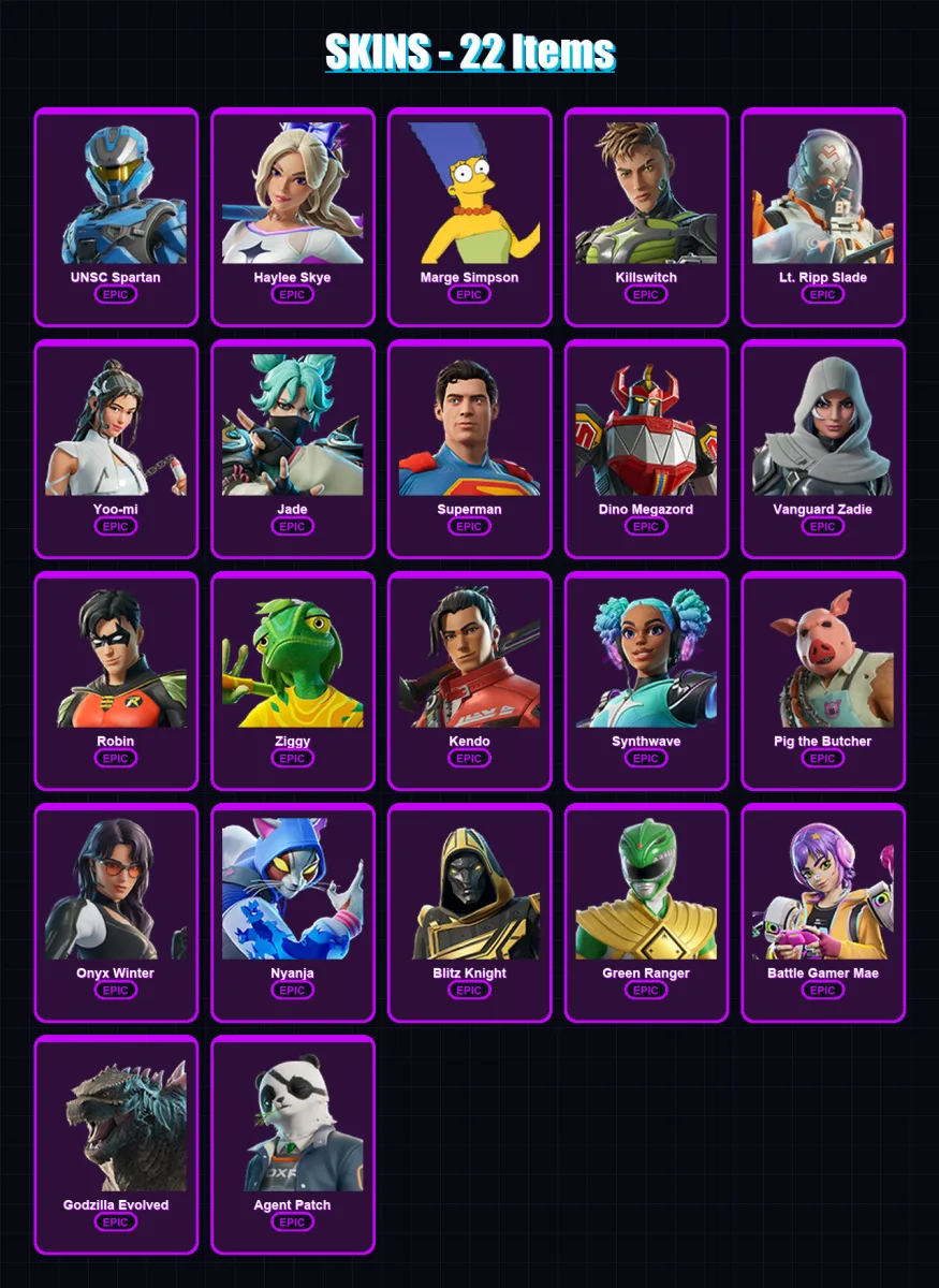 [PC/XBOX/PSN] | UNSC Spartan | Haylee Skye | Marge Simpson | Killswitch | Lt. Ripp Slade | 22 skin | 59 pickaxe | 34 emote | 44 glider | Lv398