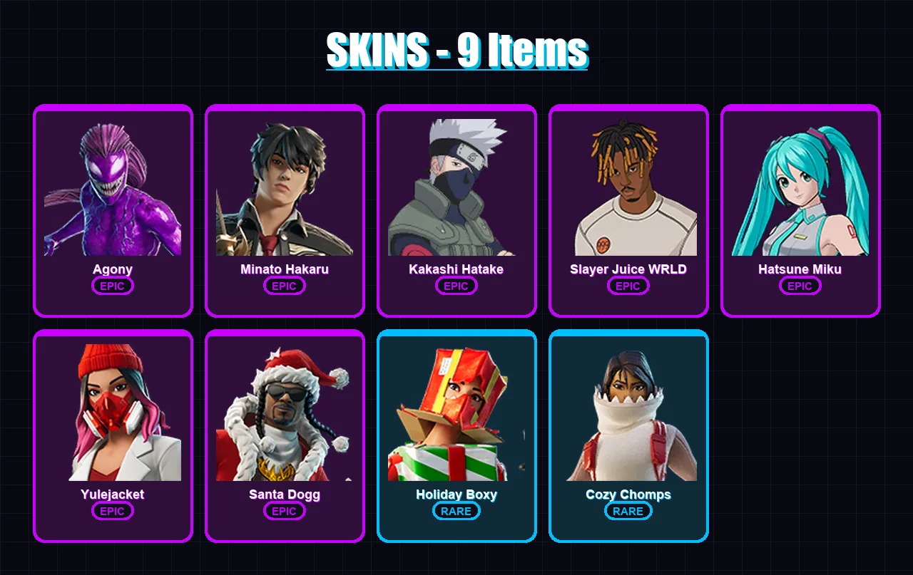 [PC/XBOX] | Agony | Minato Hakaru | Kakashi Hatake | Slayer Juice WRLD | Hatsune Miku | 9 skin | 24 pickaxe | 14 emote | 15 glider | Lv144