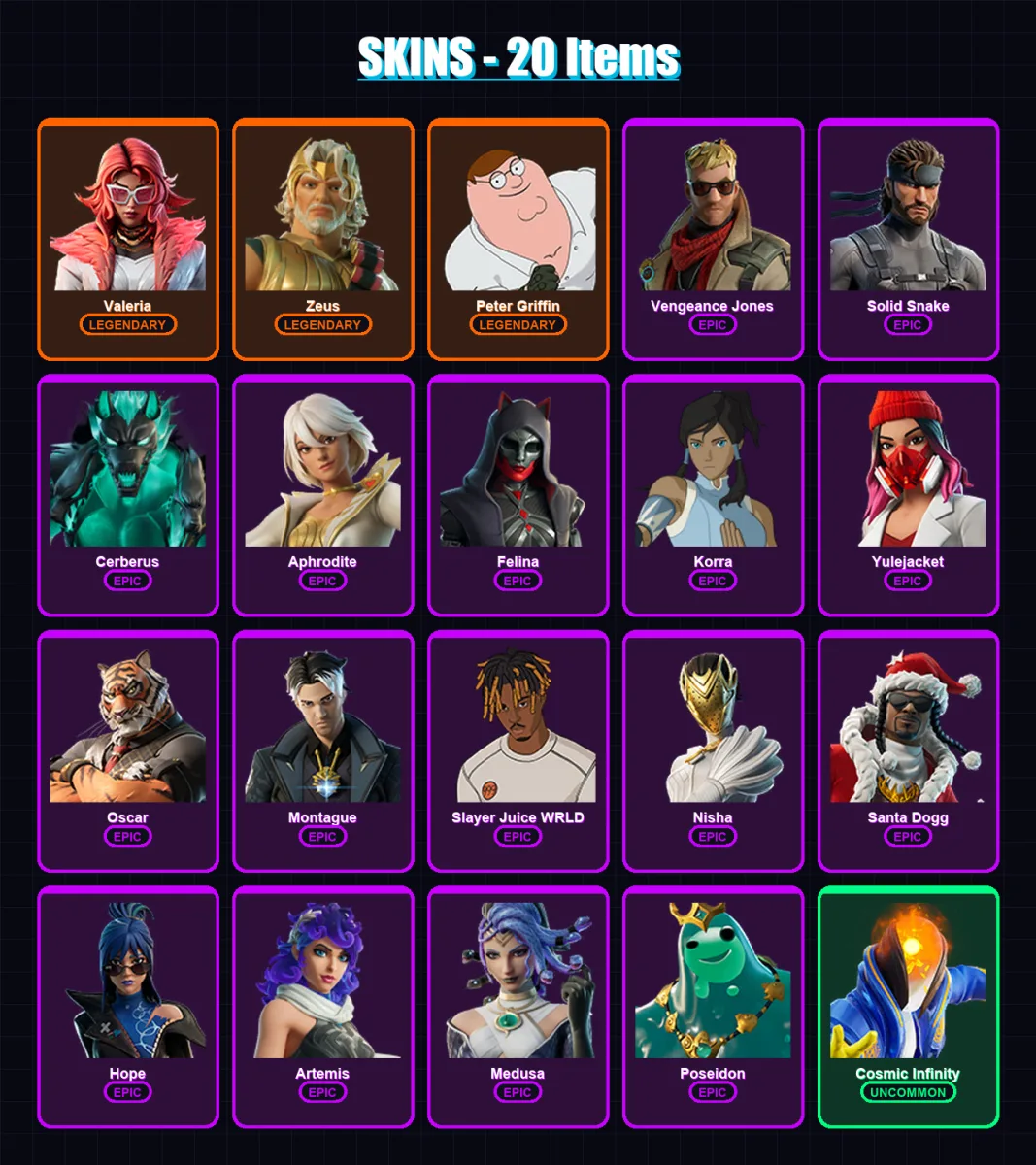 [PC/XBOX/PSN] | Valeria | Zeus | Peter Griffin | Vengeance Jones | Solid Snake | 20 skin | 49 pickaxe | 29 emote | 32 glider | Lv453 — Fortnite account