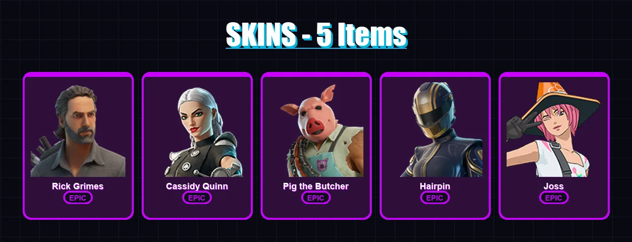 [PC/XBOX/PSN] | Rick Grimes | Cassidy Quinn | Pig the Butcher | Hairpin | Joss | 5 skin | 13 pickaxe | 9 emote | 17 glider | Lv156