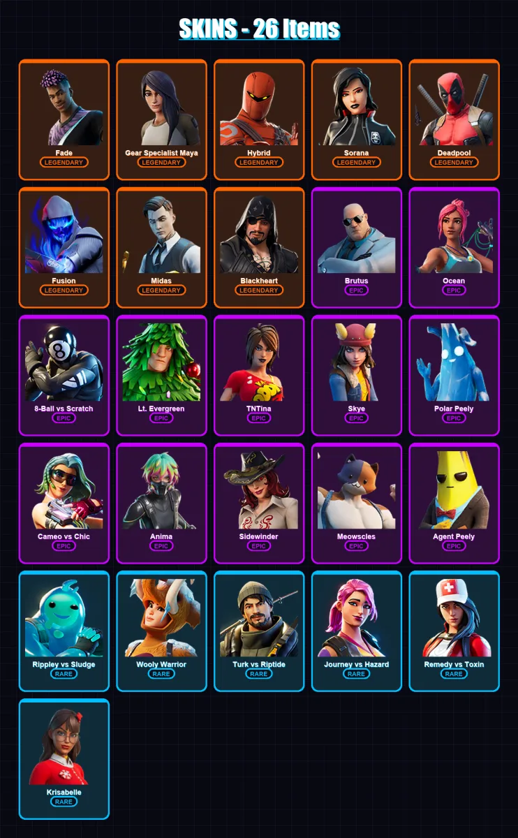 [PC/XBOX/PSN] | Fade | Gear Specialist Maya | Hybrid | Sorana | Deadpool | 26 skin | 35 pickaxe | 47 emote | 43 glider | Lv628
