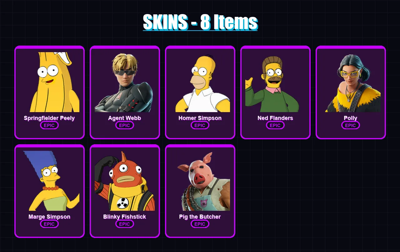 [PC/XBOX/PSN] | Springfielder Peely | Agent Webb | Homer Simpson | Ned Flanders | Polly | 8 skin | 42 pickaxe | 14 emote | 29 glider | Lv371