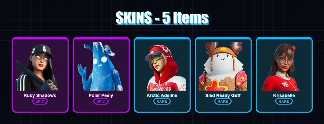 [PC/PSN] | Ruby Shadows | Polar Peely | Arctic Adeline | Sled Ready Guff | Krisabelle | 5 skin | 18 pickaxe | 14 emote | 16 glider | Lv140