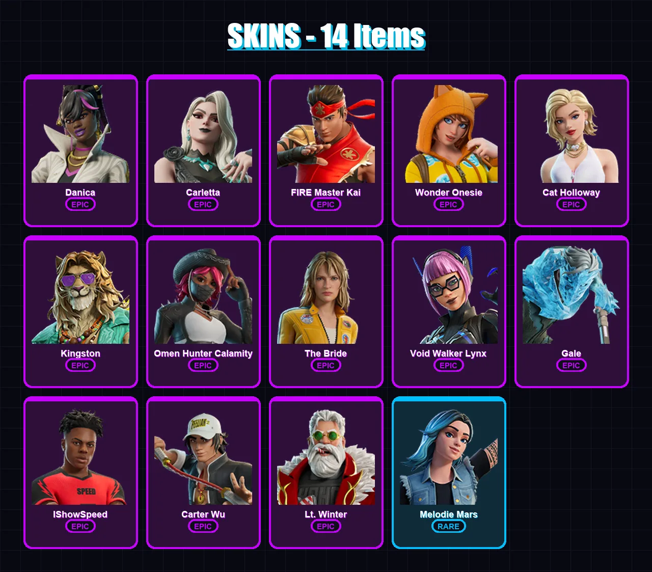 [PC/PSN] | Danica | Carletta | FIRE Master Kai | Wonder Onesie | Cat Holloway | 14 skin | 30 pickaxe | 18 emote | 20 glider | Lv130